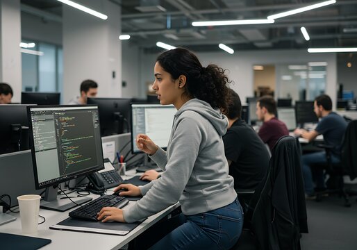 A female software developer stands in a modern office. Multiple monitors display code in a collaborative technology workspace.