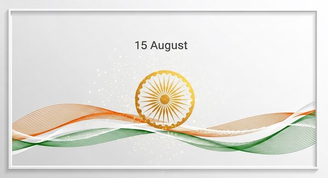 15 August Indian Independence Day graphic with flag waves and Ashoka Chakra