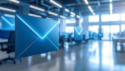 Glowing email icon floats over a blurred office space