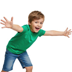 A happy young boy with outstretched arms smiles widely, expressing joy and openness. This image conveys a sense of welcome, excitement, or playfulness.