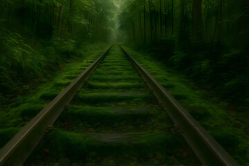 Fototapeta premium Abiding railway in mossy forest