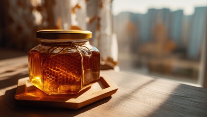 Honeycomb jar on windowsill. Sunlight highlights golden honey and honeycomb