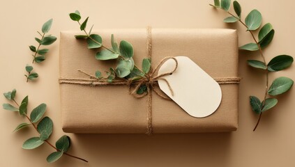 Gift box wrapped in kraft paper, adorned with eucalyptus sprigs and a blank tag