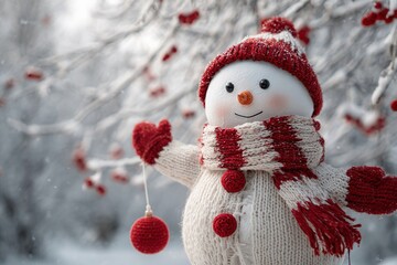 A cheerful snowman wearing a red and white knitted hat and scarf stands in a snowy landscape with frosted trees and red berries.
