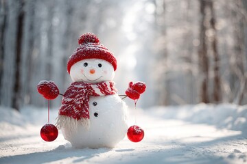 A snowman stands in a snowy forest. It wears a red hat and scarf, holding red ornaments. The background features snow-covered trees and a bright winter atmosphere.