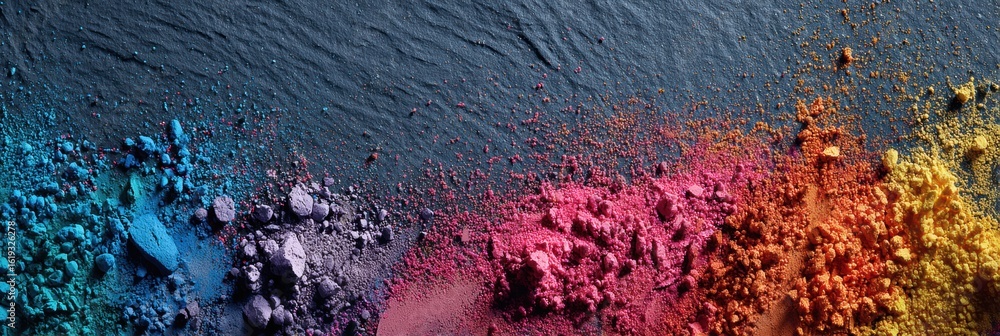 Poster artistic splash of vibrant makeup pigments on dark canvas with open space in upper right corner show