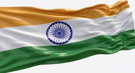Realistic 3D rendering of the national flag of India, the Tiranga, waving on a white background.