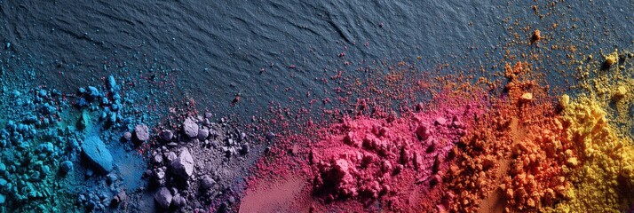 Artistic Splash of Vibrant Makeup Pigments on Dark Canvas With Open Space in Upper Right Corner Showcasing Creative Color Arrangement