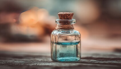 Small teal glass bottle with cork