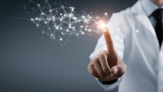 Person in white touches network graphic