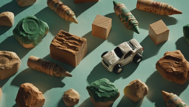 Assorted craft supplies and a toy car on a light teal surface, arranged in a pattern