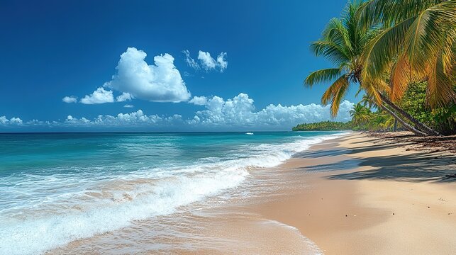 Tropical beach under the blue sky, a little cloud, with coconut palms on the right side of the picture, and waves crashing on the beach. 