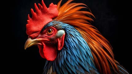 Fototapeta premium A striking portrait captures the vibrant colors and textures of a rooster's head.