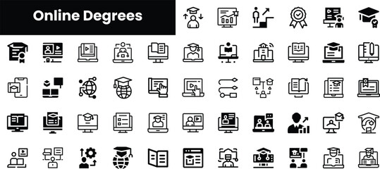 A collection of black and white icons representing online degrees, showcasing various aspects of e-learning, education, and academic achievement.