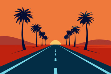 A scenic road lined with palm trees leads towards a vibrant sunset over a desert landscape