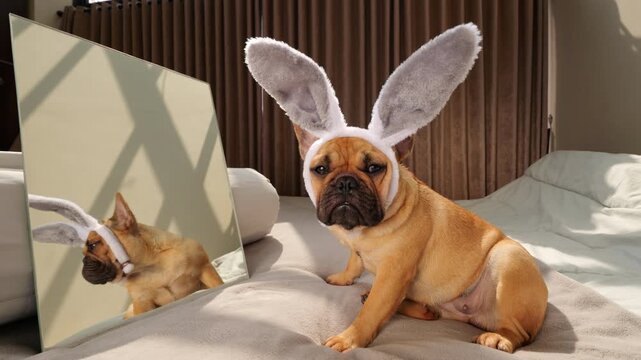 Funny dog wearing bunny ears sits on bed, having just looked at its reflection in mirror, now slowly turning head toward camera with slightly grumpy, embarrassed expression.