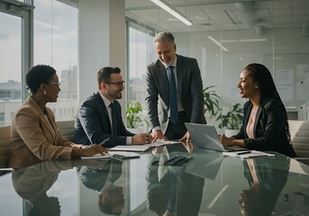 Diverse group of business professionals engaged in a friendly meeting in a modern office, with a senior leader smiling as he leans over the glass table during discussion.