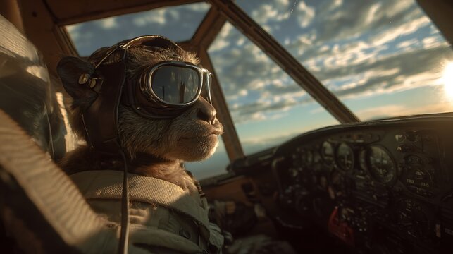 Animal Pilot Flying Small Plane During Golden Hour Adventure