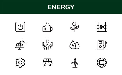 Modern Energy Icon Pack with Minimal Vector Line Style Including Solar, Wind, Battery, Electric, and Eco Symbols