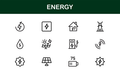 Modern Energy Icon Pack with Minimal Vector Line Style Including Solar, Wind, Battery, Electric, and Eco Symbols