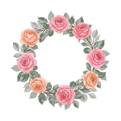 Pink and Orange Rose Wreath with Green Leaves for Decoration or Floral Arrangement