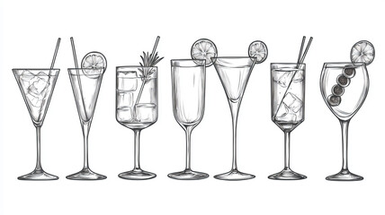 Variety of Hand-Drawn Cocktails in Elegant Glassware Designs