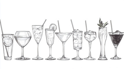 Elegant Hand-Drawn Illustrations of Various Cocktail Drinks