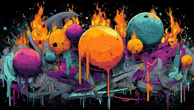 Fiery Graffiti Art Planets, Urban Wall, Night, Abstract Design, Music Album Cover