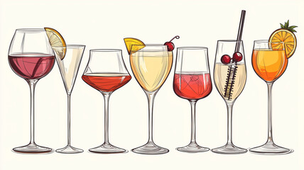 Colorful Assortment of Cocktail Glasses with Fruit Garnishes