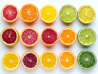 Obraz premium Vibrant Citrus Fruits Sliced to Showcase Colorful Sections and Textures