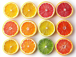 Fototapeta premium Vibrant Citrus Fruit Slices Displayed on White Surface for Freshness