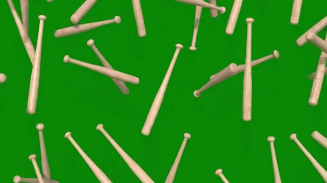 Baseball bats are scattered across a green backdrop creating a dynamic pattern