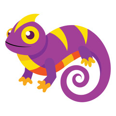 Cute cartoon purple chameleon with yellow stripes and a curly tail