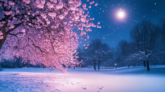 A serene winter landscape featuring a beautiful blooming cherry tree. The scene is ethereal with snowflakes falling and a luminous moon above. Captivating beauty of nature. Generative AI