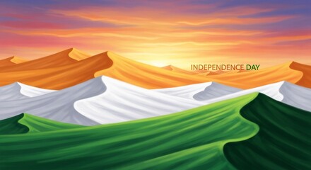 Obraz premium Indian Independence Day illustration with desert dunes in saffron, white, and green.