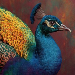 Obraz premium A striking peacock poses gracefully, displaying its vibrant feathers in a mix of blues, greens, and golds. The textured backdrop enhances the colorful details of the bird's plumage.