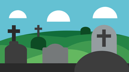 Flat design illustration of a cemetery with tombstones and rolling green hills