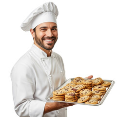 A happy male chef proudly presents a tray full of freshly baked chocolate chip cookies. Perfect for food, baking, or culinary themes.