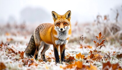Fototapeta premium Fox in frosty autumn leaves
