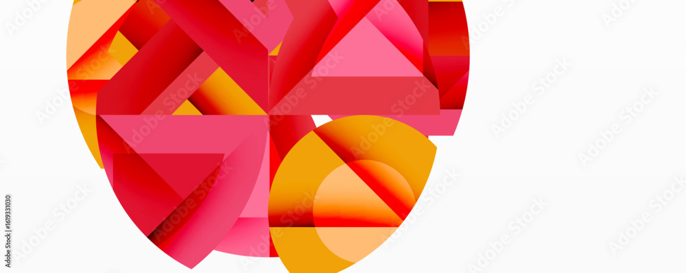 Poster abstract geometric composition. red, orange, pink shapes overlap creating dynamic visual effect. min
