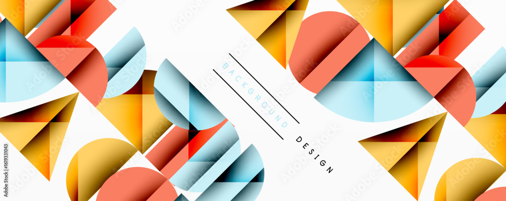 Poster abstract geometric shapes overlap, creating dynamic visual texture. orange, blue, red tones dominate