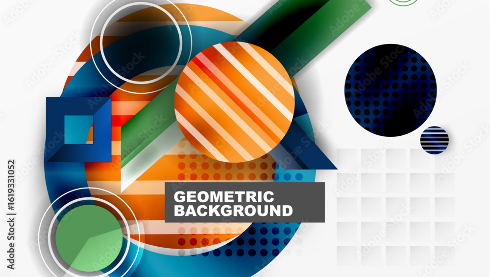Poster abstract geometric composition. overlapping shapes, vibrant colors, modern design. clean lines, dyna