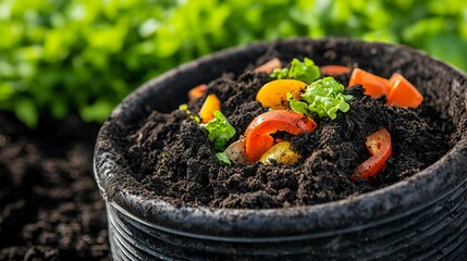 a composting bin filled with organic waste and rich soil, showing the cyclical nature of waste reduction and nutrient return in a green living household.