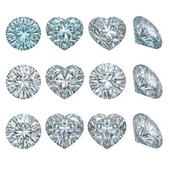 Collection of round and heart cut diamonds isolated on transparent background