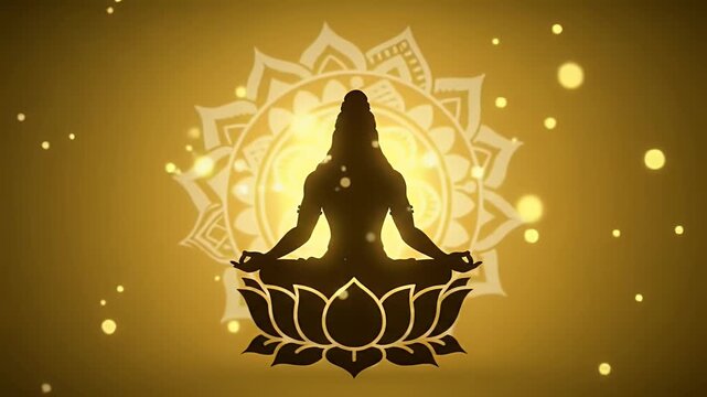 Glowing silhouette of Mahavira seated on lotus with subtle mandala behind, gentle saffron to white gradient background