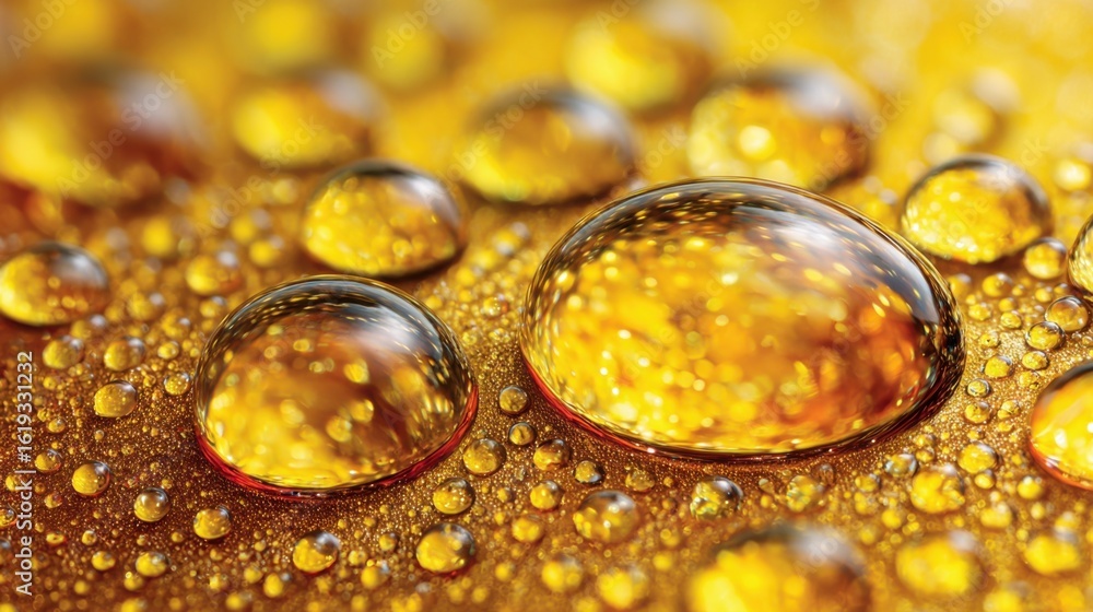 Poster shiny droplets of golden liquid form on a smooth surface, catching the light and creating a mesmeriz