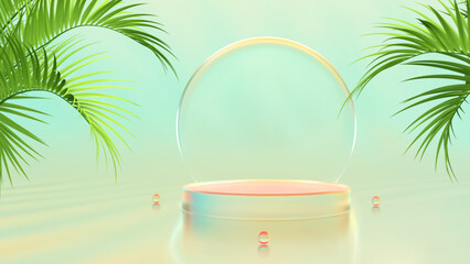 Summer product podium. Summer sale banner. Glass podium display. Pedestal, platform for product presentation with a tropical palm leaves. Blue yellow orange colorful background. Vector illustration.