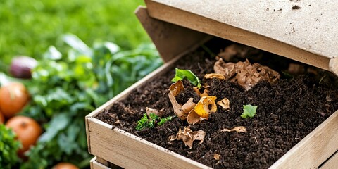 a composting bin filled with organic waste and rich soil, showing the cyclical nature of waste reduction and nutrient return in a green living household.