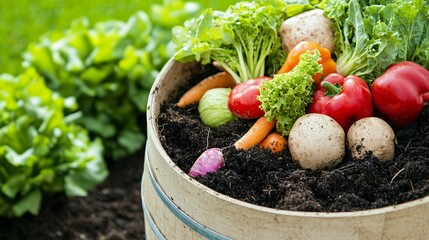 a composting bin filled with organic waste and rich soil, showing the cyclical nature of waste reduction and nutrient return in a green living household.