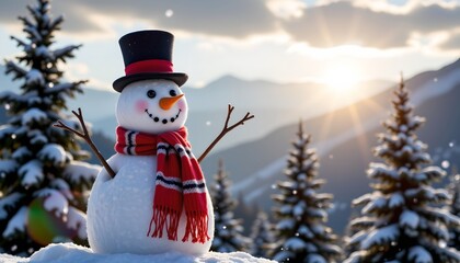 Naklejka premium Joyful Winter Scene with Cheerful Snowman